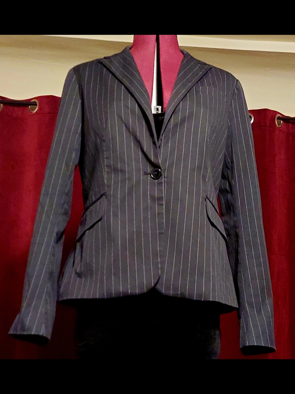 New York & Company Stretch Black Pinstripe Single-Button Blazer